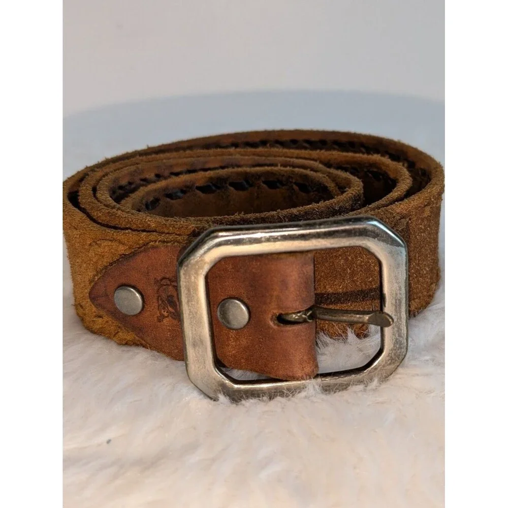 True Religion Brown Suede Leather Belt with Silver Buckle Think Stitch